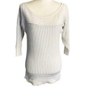 WHBM Deep Scoop Neck 3/4 Sleeve Metallic White Cable Knit Pullover Sweater Small
